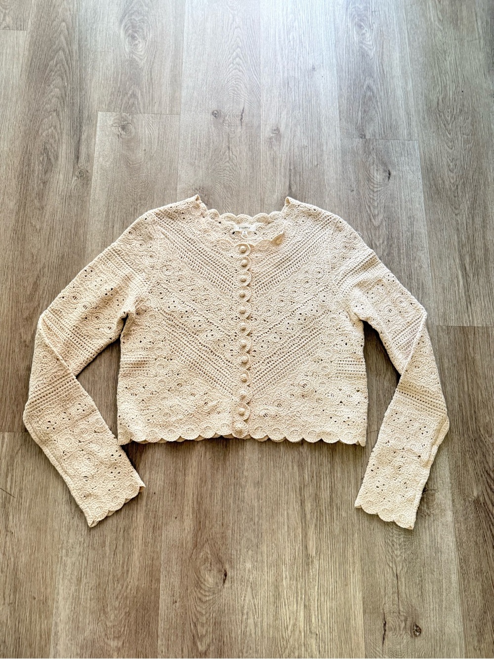 Z supply cressa tan cropped button front crochet scalloped cardigan small NEW - Picture 7 of 11